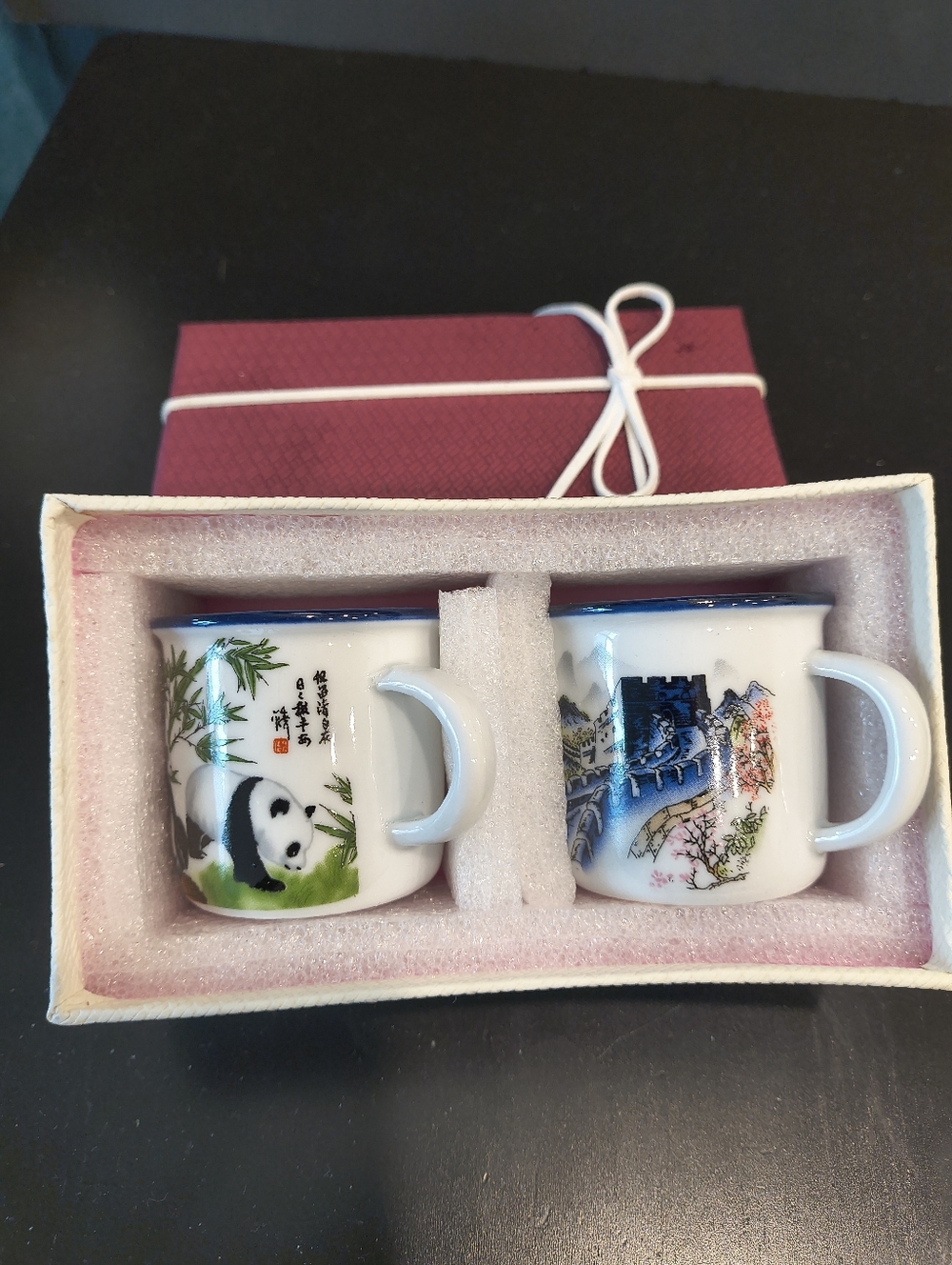 Oriental Chinese Ceramic Coffee Tea Mug Saki Cup 2" Set of 2 Panda Great Wall